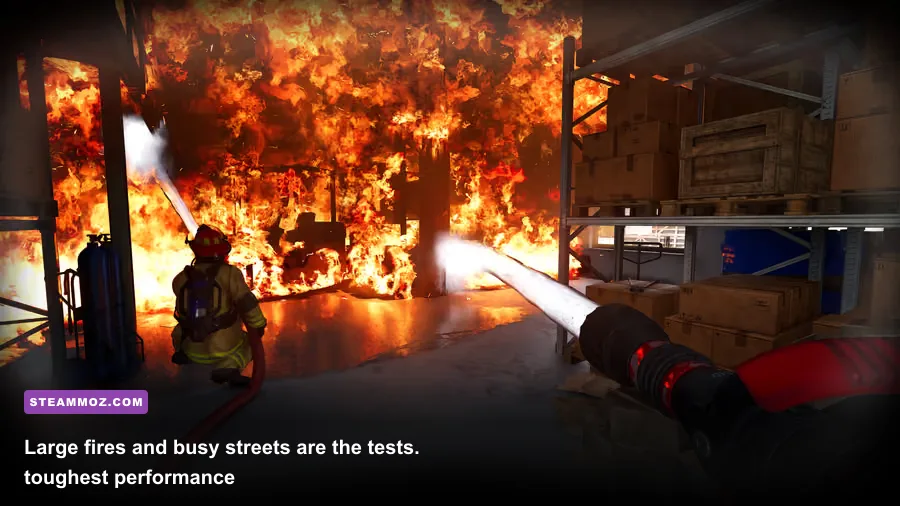 Firefighting Simulator Ignite fire truck approaching a burning building during gameplay