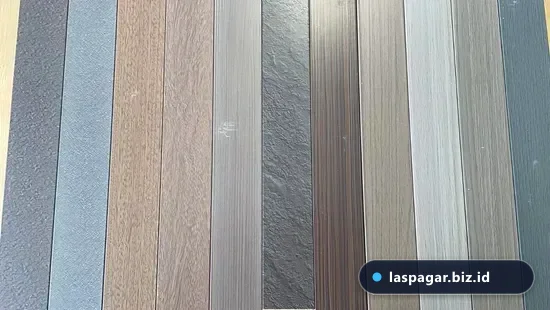Sampel finishing aluminium powder coating warna doff dan motif serat kayu alami