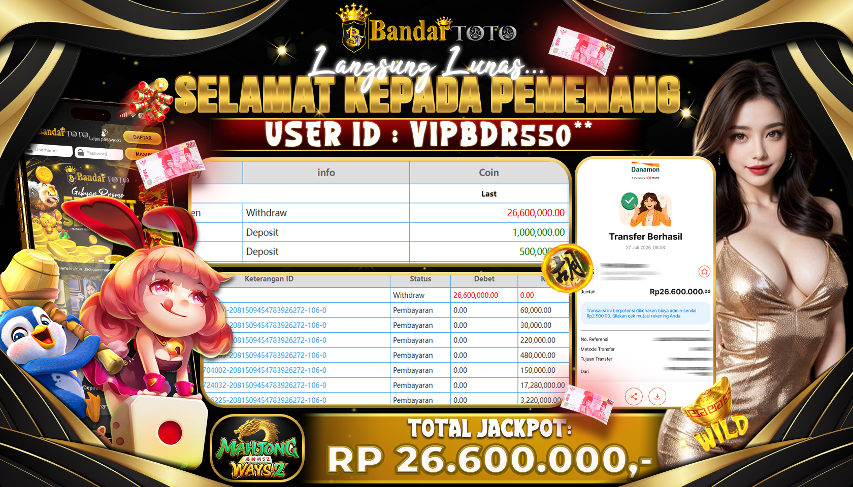 BANDARTOTO JACKPOT PG-MAHJONG WAYS 2 26,6 JUTA DIBAYAR LUNAS,-