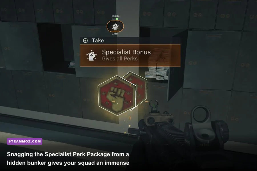 Legendary orange glowing Specialist Perk package resting on an armory crate in Warzone