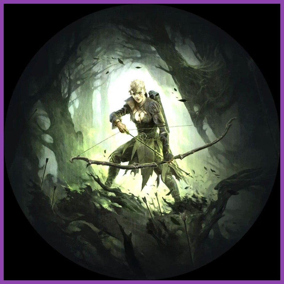Ranger Deadeye character drawing a bow with projectile effects