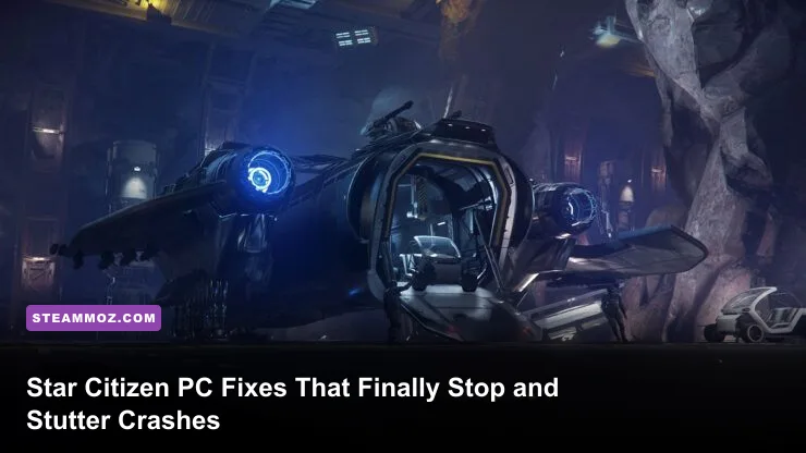 Star Citizen spaceship inside a detailed space station hangar on PC