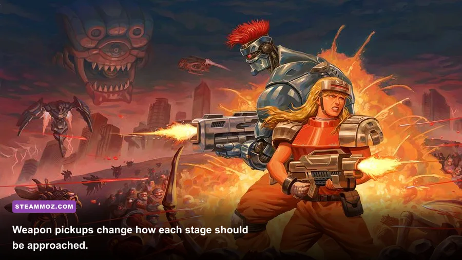 Blazing Chrome player character using a weapon pickup against enemy robots