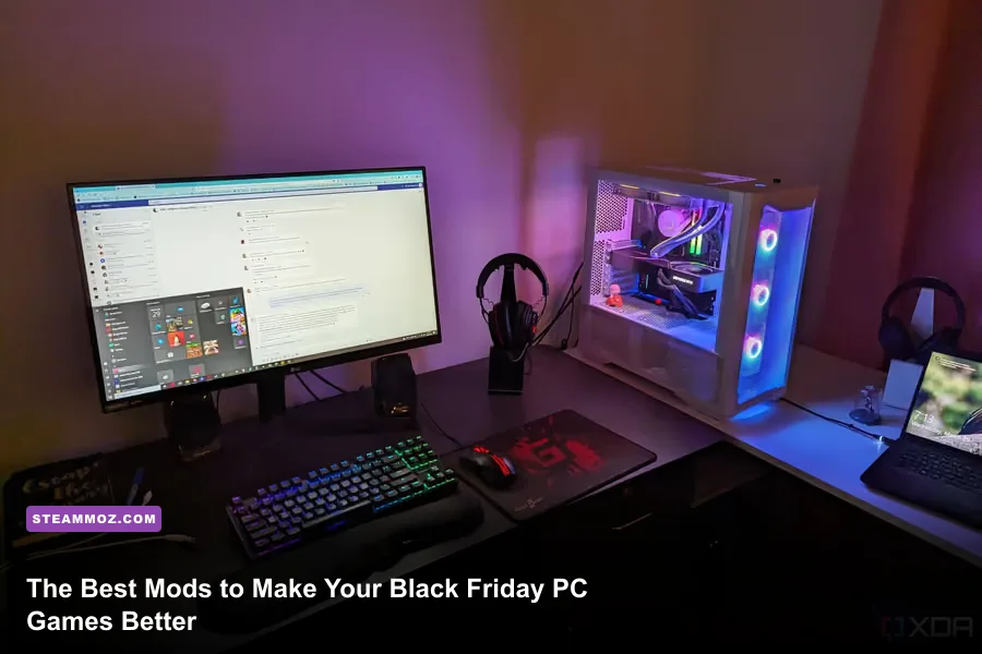 A PC gaming setup showing modded games commonly purchased during Black Friday sales