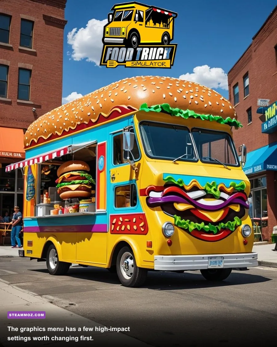 Food Truck Simulator PC graphics settings menu showing resolution and shadow options