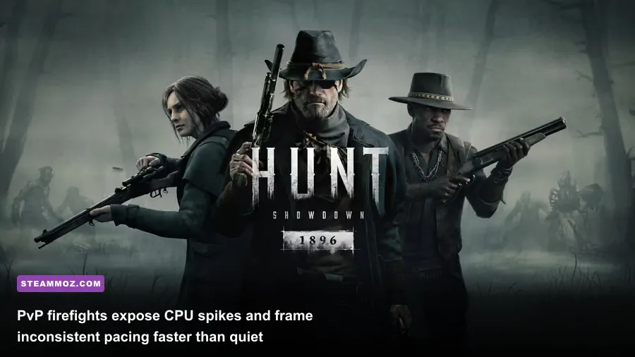 Three Hunt Showdown 1896 hunters fighting another team near a compound