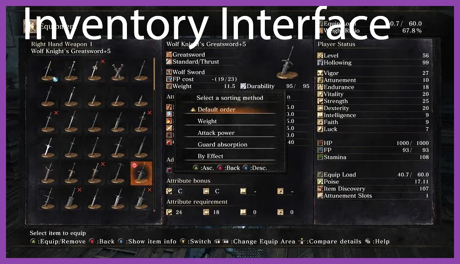 Character inventory screen showing maxed gear and weapons