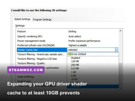 Nvidia Control Panel Manage 3D Settings shader cache size dropdown list