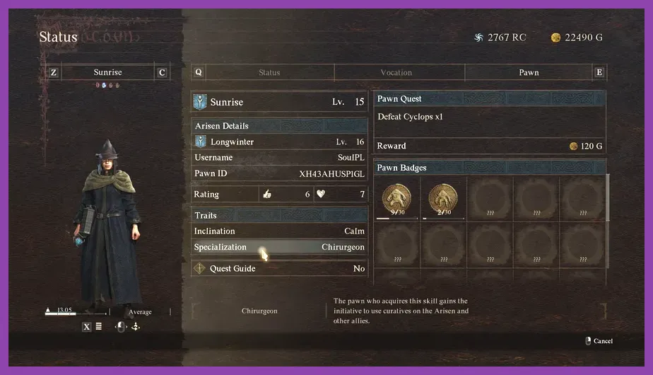 Pawn profile showing the Forager specialization in Dragon's Dogma 2