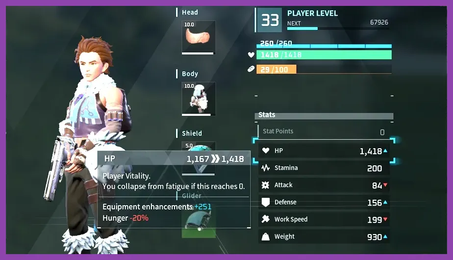 Palworld player character stats allocation screen showing health and attack points.