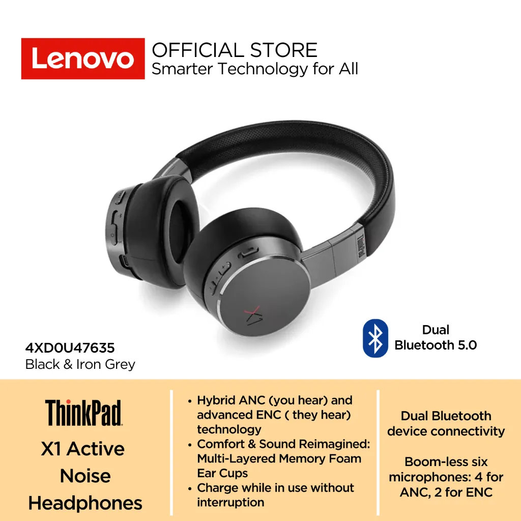 Lenovo ThinkPad X1 ANC & ENC Headphones Active Noise Cancellation Foldable Wireless Bluetooth 5.0 + USB digital audio with Microphones Headset 4XD0U47635 Black
