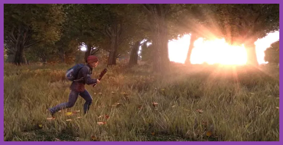 DayZ survivor traversing Chernarus forest with optimal clear visibility settings