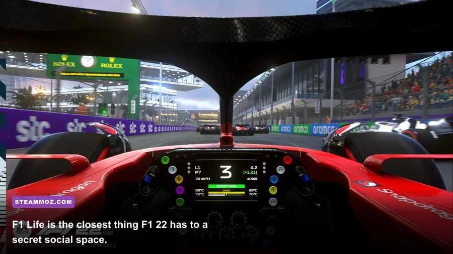 F1 22 F1 Life hub showing supercars and trophies in a modern house