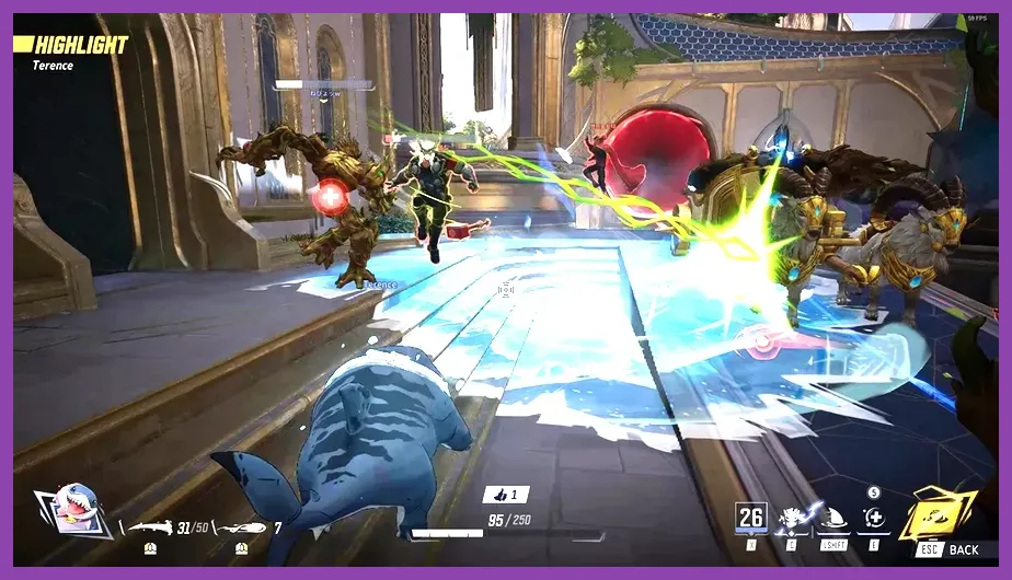Jeff the Land Shark in combat during a Marvel Rivals match
