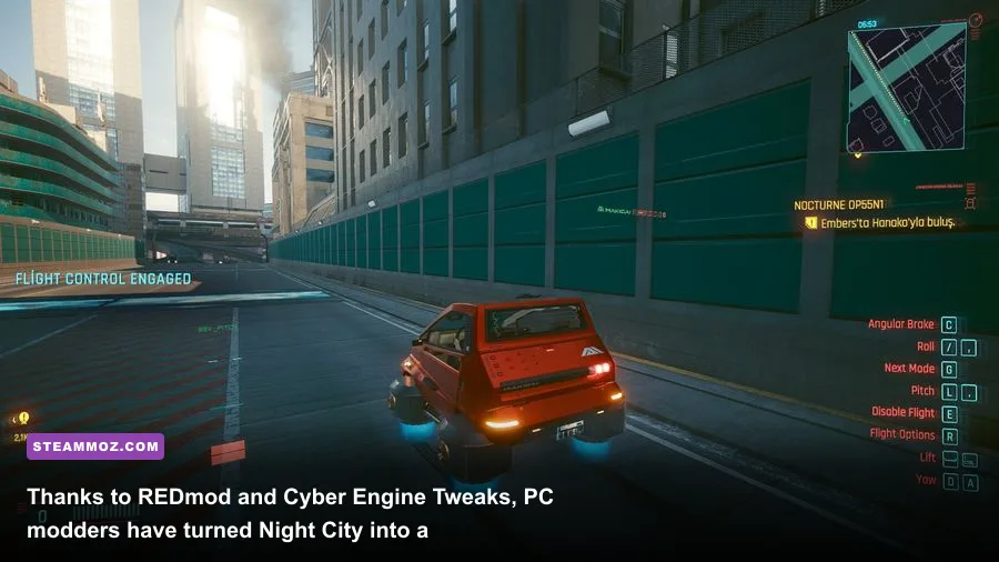 Custom tuned vehicle driving through Night City with community mod enhancements