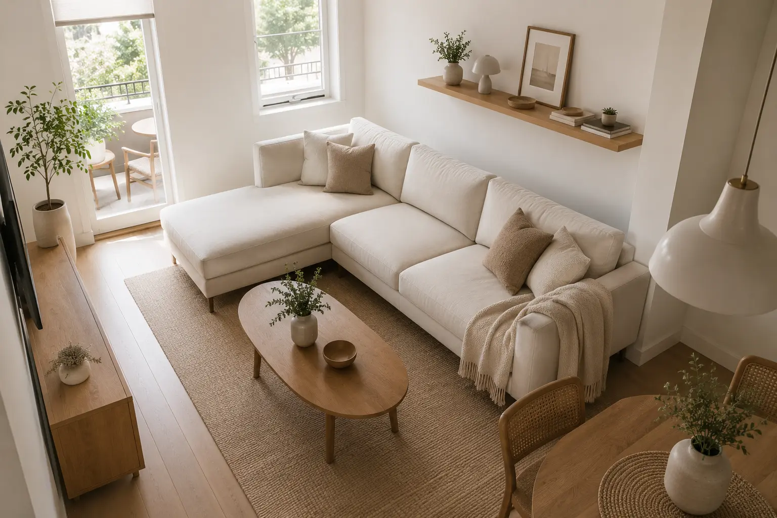 Zoned narrow living room featuring a primary seating area and a small reading nook separated by different area rugs.
