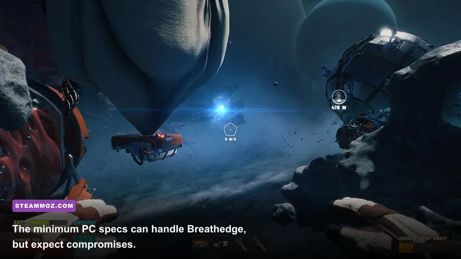 Breathedge gameplay showing the astronaut exploring wreckage near his space coffin