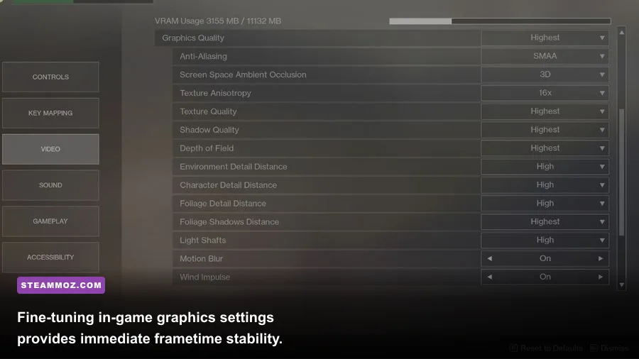 Destiny 2 advanced graphics and video settings menu interface