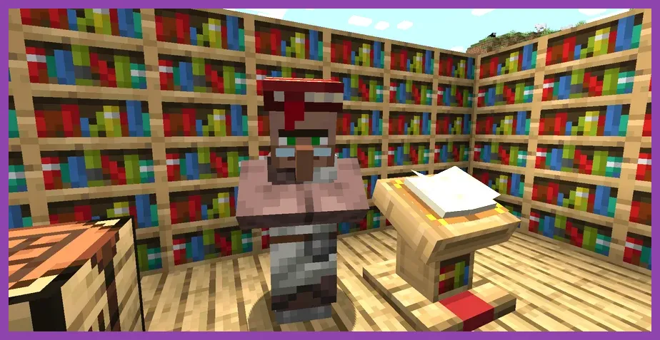 Minecraft villager trading hall with librarian villagers offering enchanted books