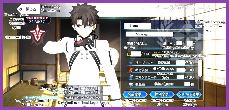 FGO master profile featuring player ID and level