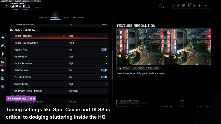 PC graphics calibration and display menu showing hardware usage in Call of Duty