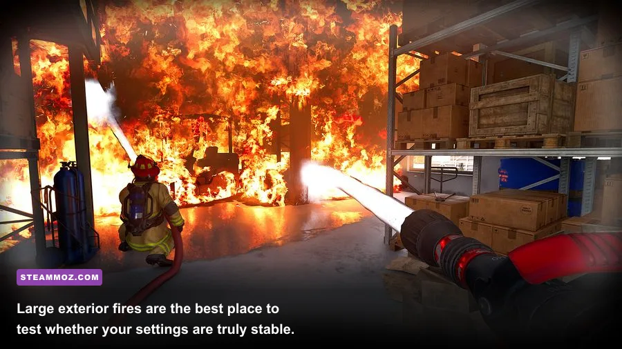 Firefighting Simulator Ignite warehouse fire with dense smoke and emergency lights