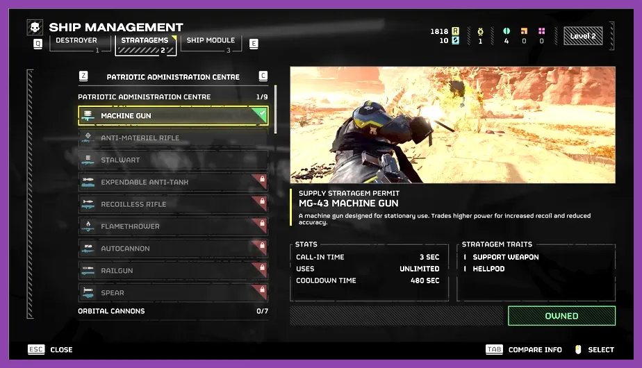 Progression screen showing unlocked weapons and respec option