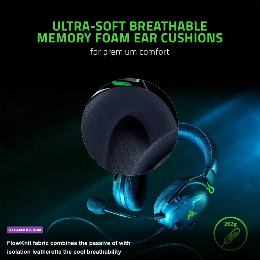 Close-up of the breathable FlowKnit memory foam earcups on the Razer BlackShark V2