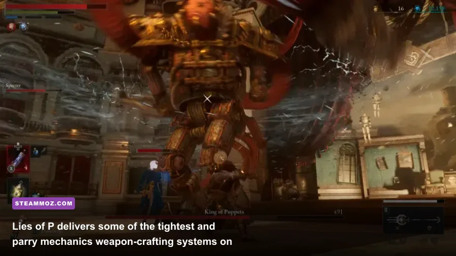Pinocchio fighting an automaton boss with a saber in Lies of P