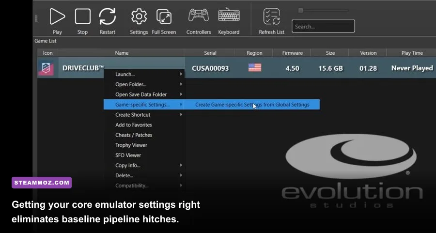 shadPS4 emulator graphics and system configuration window