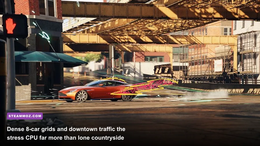 Need for Speed Unbound packed starting grid with eight cars accelerating through downtown