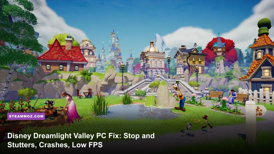 Player character standing in a decorated village plaza in Disney Dreamlight Valley on PC