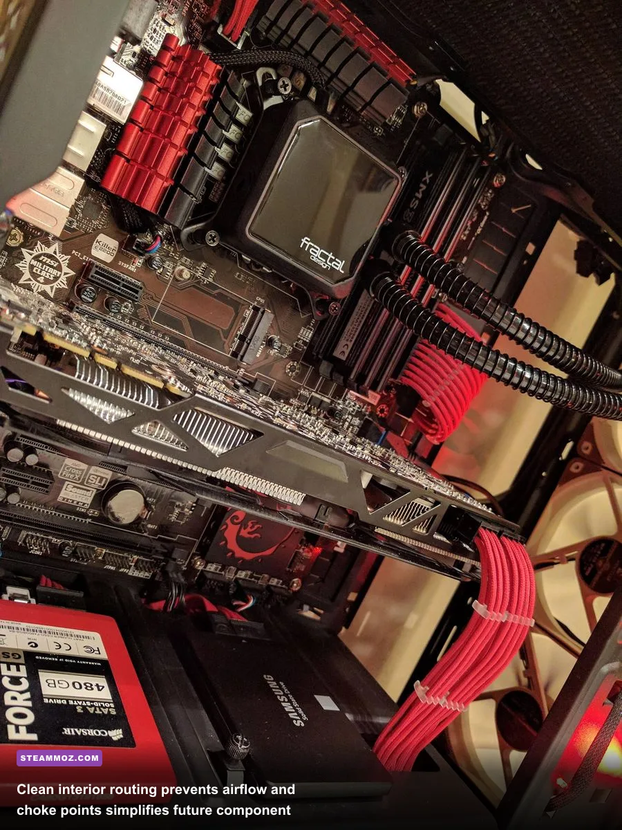 Inside view of an open mid-tower PC case showcasing motherboard installation and neat power supply cables