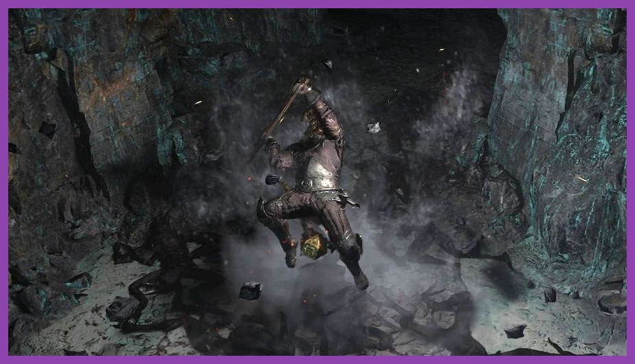 Warrior character performing a heavy slam attack breaking armor in Path of Exile 2