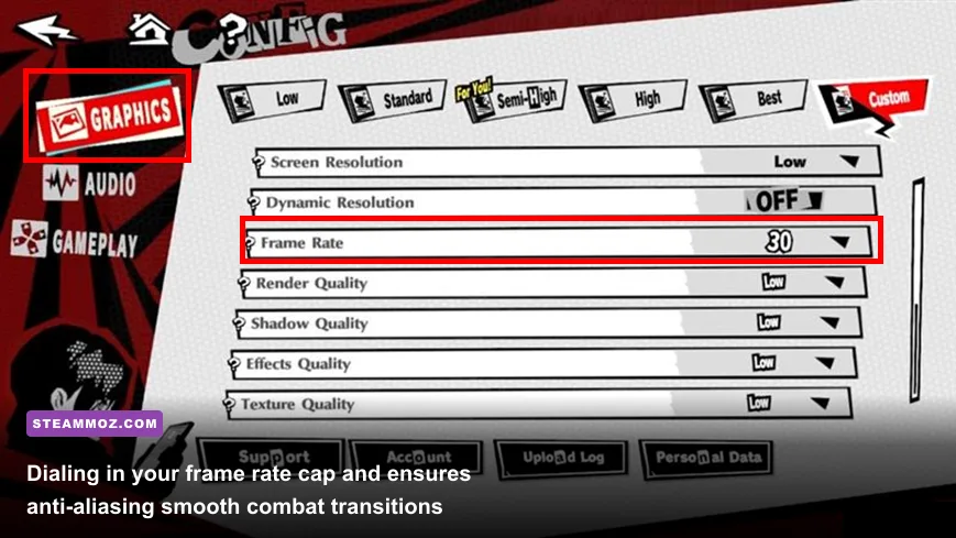 Persona 5 Royal PC graphics configuration screen showing frame rate and render scale options