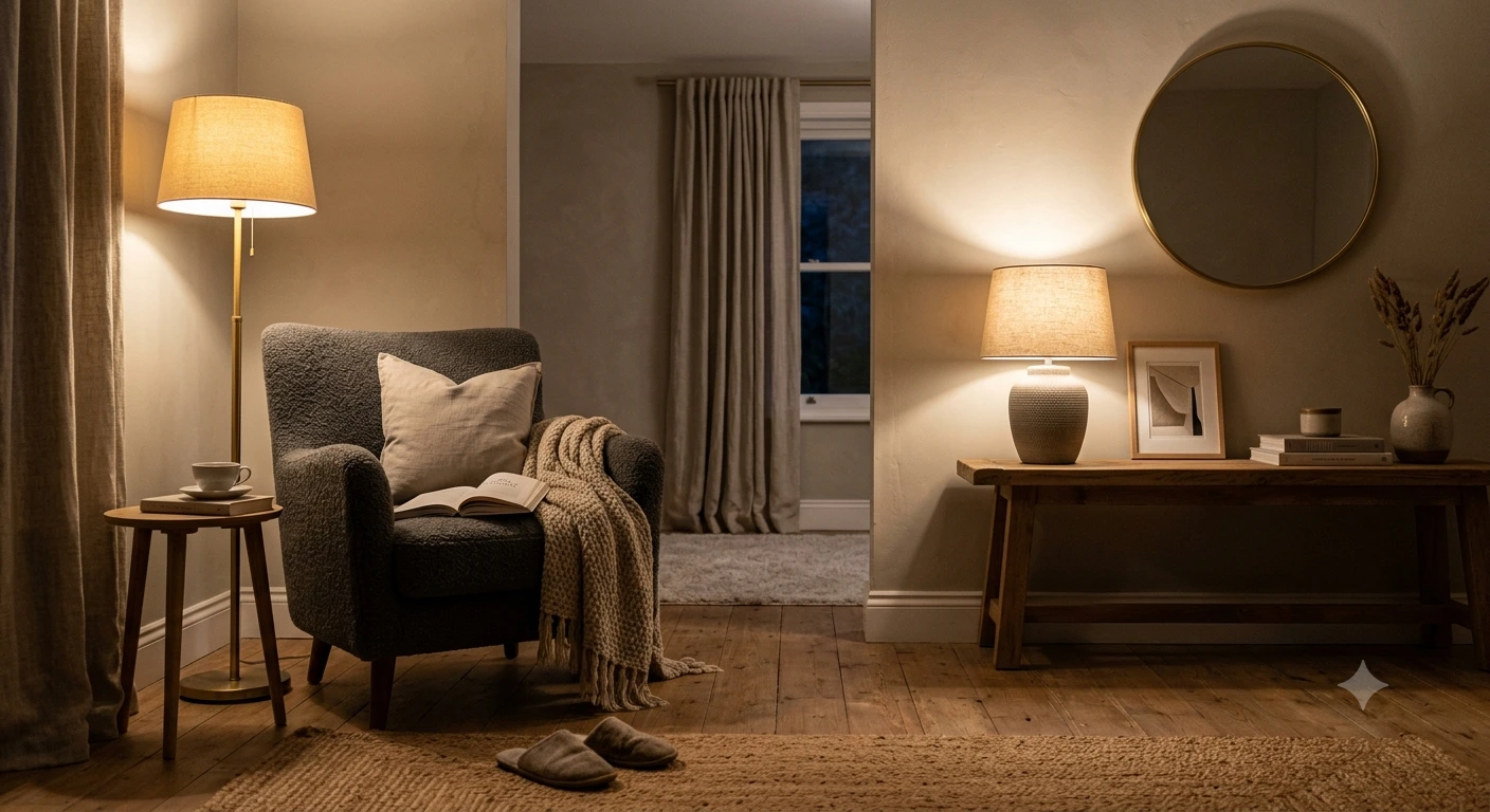 living room with layered lighting from floor lamp and table lamp
