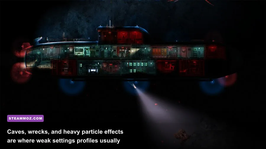 Barotrauma submarine navigating an underwater cave with lighting and particles