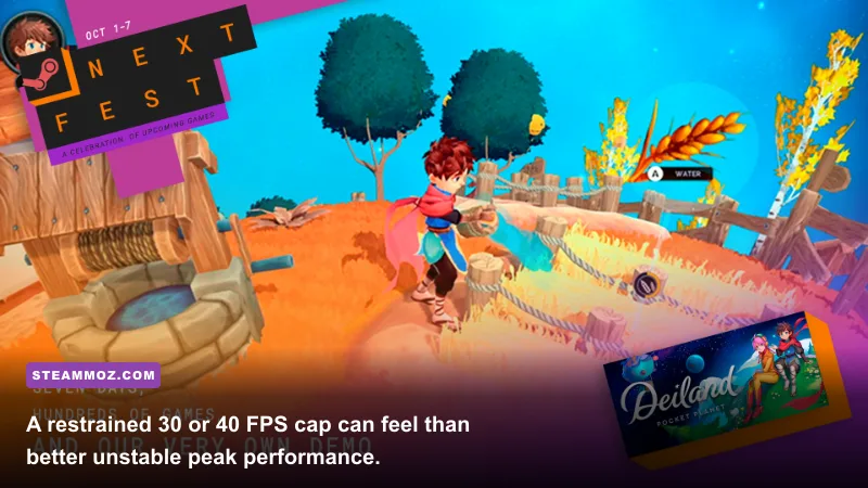 Deiland Pocket Planet running on Steam Deck during village gameplay