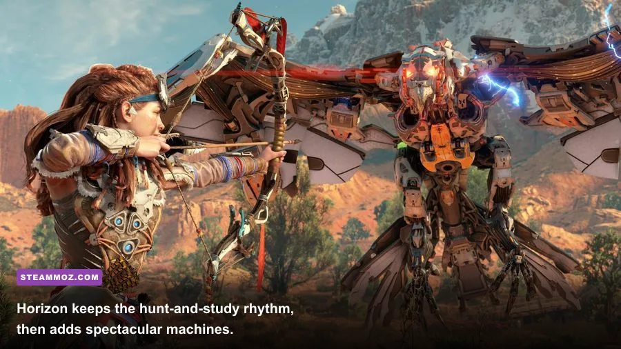 Aloy fighting a Thunderjaw in Horizon Zero Dawn Remastered