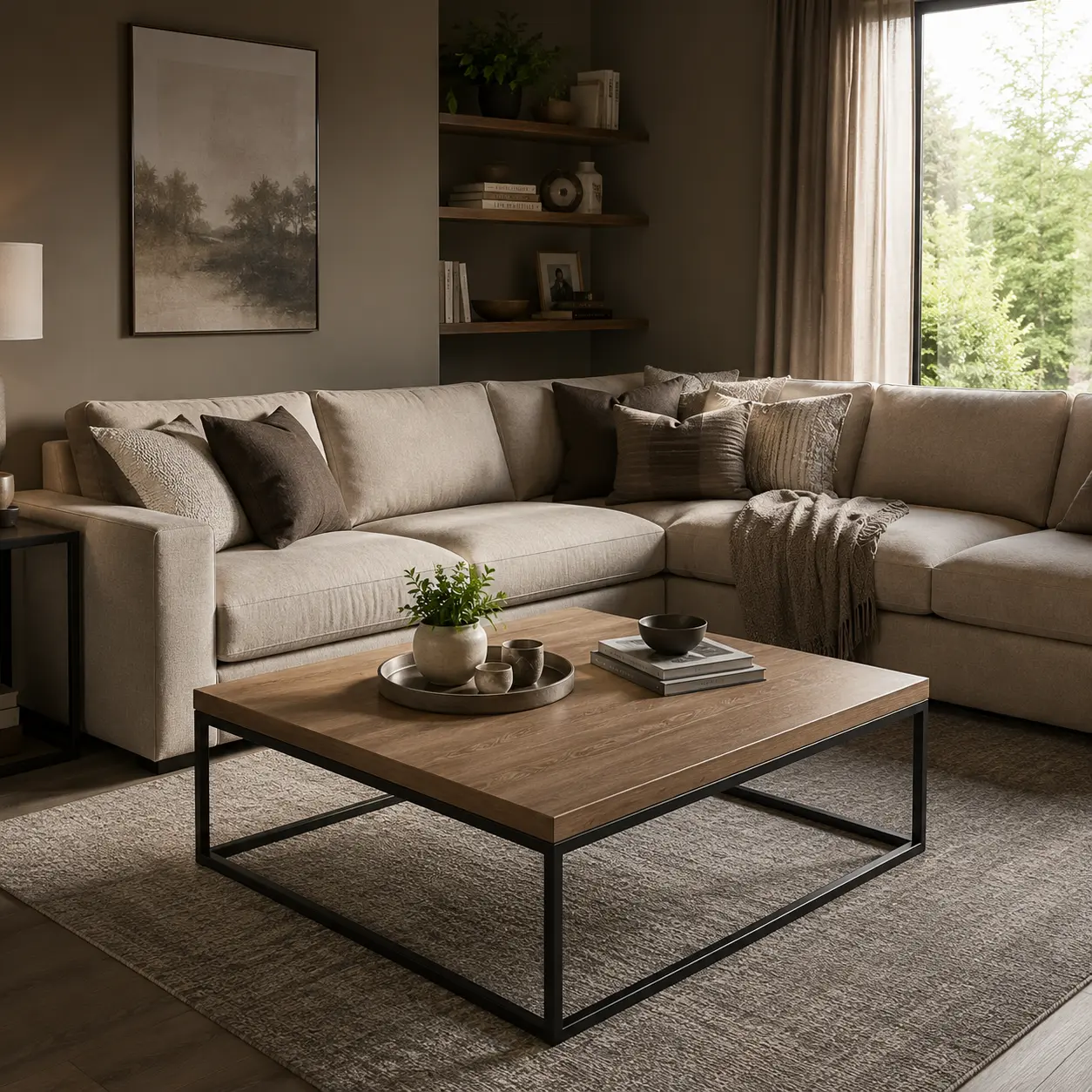 L-shaped sectional sofa with square coffee table in modern living room