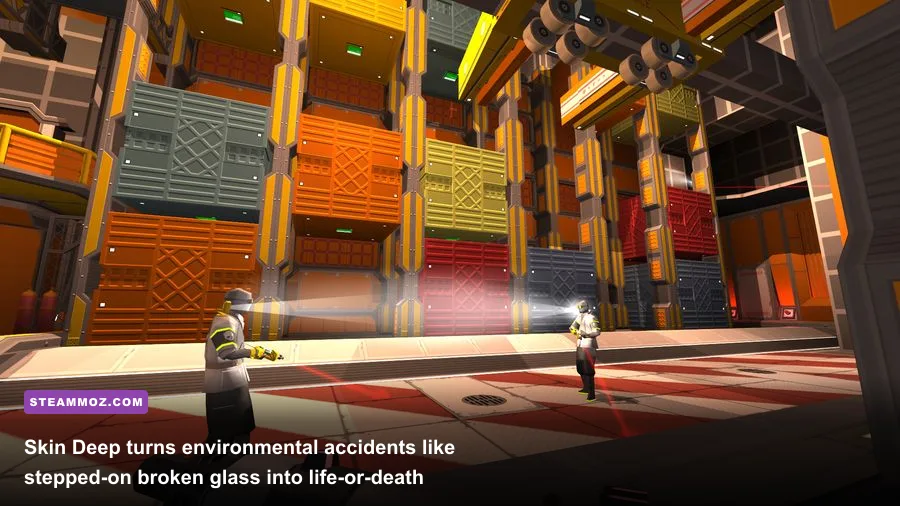 First person perspective in Skin Deep navigating a pirate cargo ship