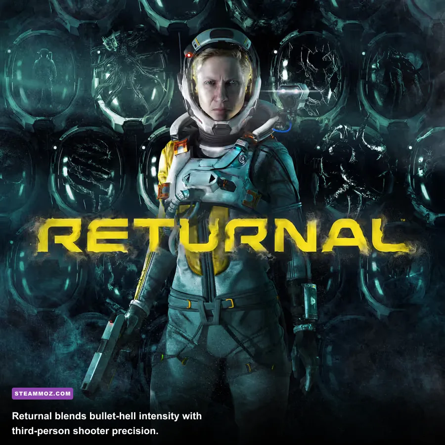 Selene exploring the alien ruins of Atropos in Returnal