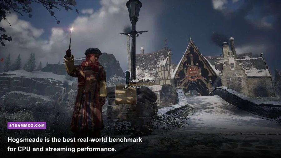 Hogwarts Legacy Hogsmeade PC gameplay showing the demanding village environment