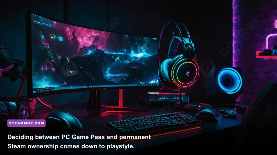 Modern PC gaming desk setup with glowing RGB peripherals