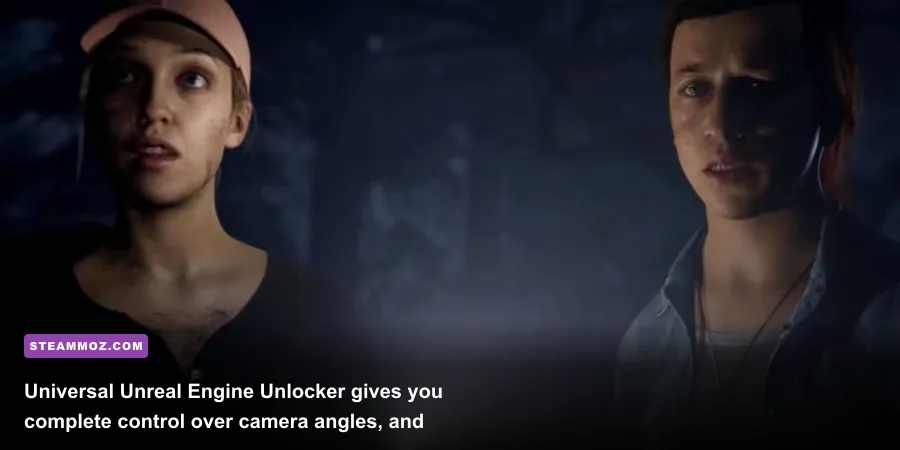 A freecam cinematic screenshot of Laura and Max investigating the woods in The Quarry