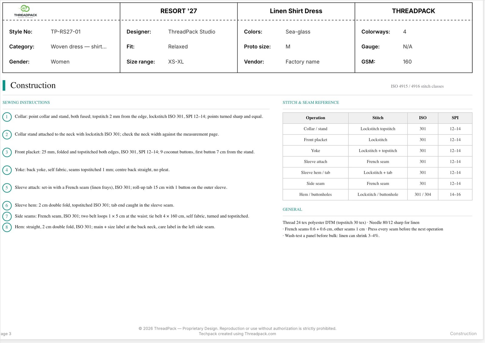 Tech pack page 3: construction notes and stitch table