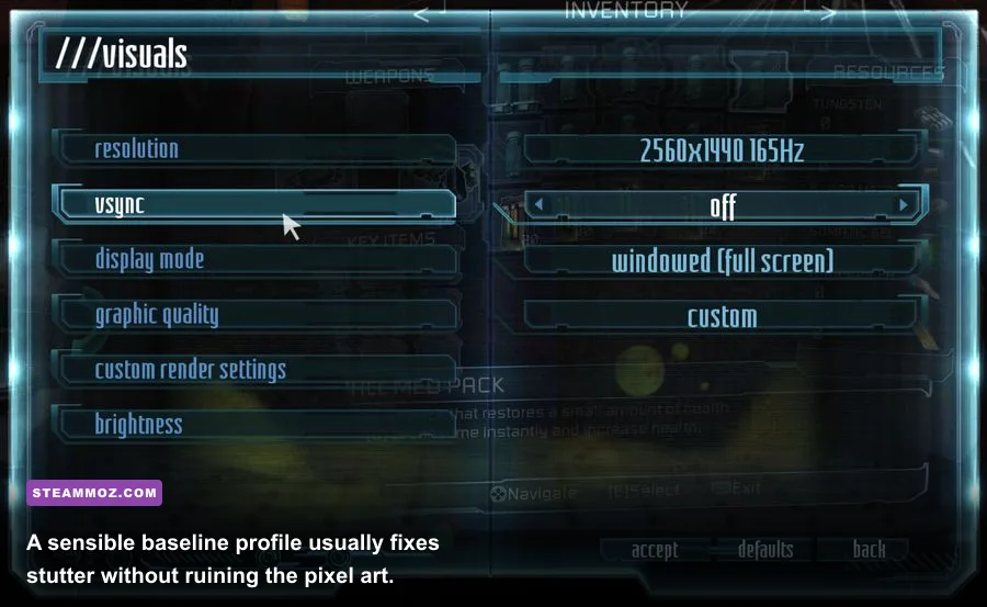 Blasphemous 2 PC graphics settings screen with resolution and VSync options