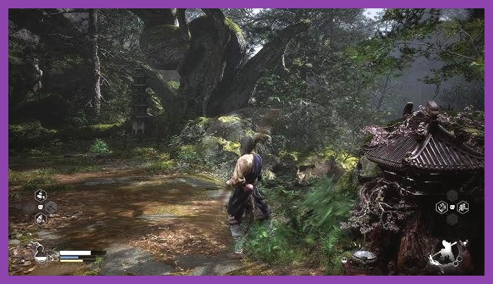 Black Myth Wukong lush forest environment with hidden gathering nodes