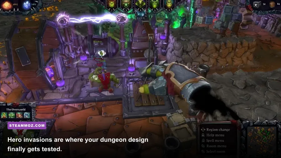 Heroes invading a Dungeons 2 fortress while traps and minions defend the dungeon