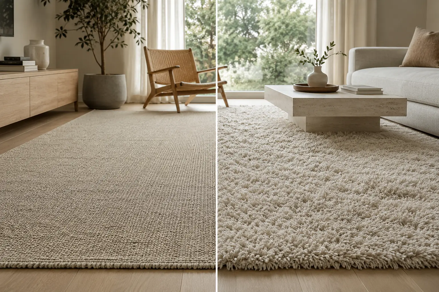 comparison of low-pile flatweave rug and high-pile plush rug in a modern interior